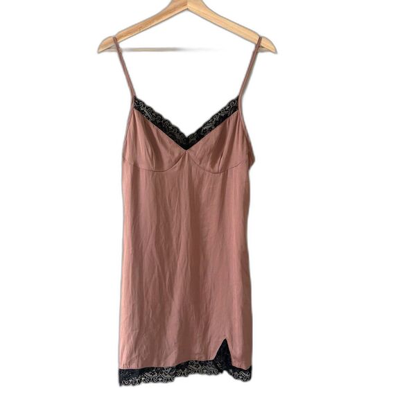 Sky and Sparrow Dusty Rose Satin Black Lace Lined Bodice Slip Mini Dress Size L - Picture 1 of 5